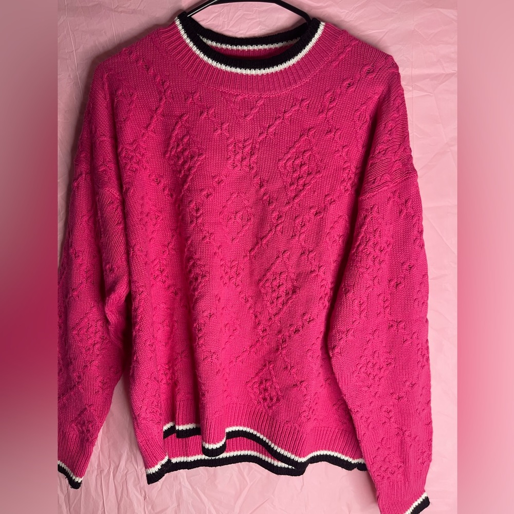 Women’s XL Pink mock neck stitched design with black and white detail sweater